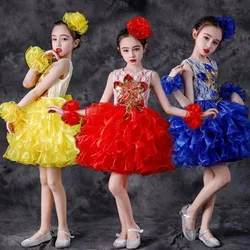 Yellow Red Cupcake Girl's Pageant Dresses Birthday Party Gowns Ruffles Organza Short Puffy Flower Little Girls Roal Blue Dress