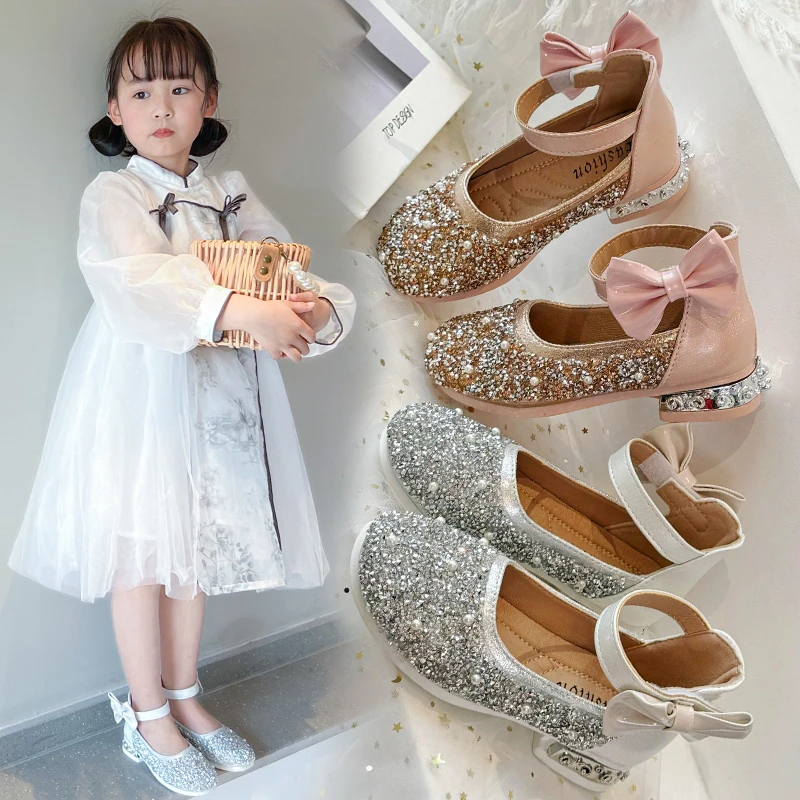 

Модные кожаные туфли для девочек 3-18 лет, розовые, с бантом, детские туфли с кристаллами, в коробке, мягкие, нескользящие, детские балетки для малышей