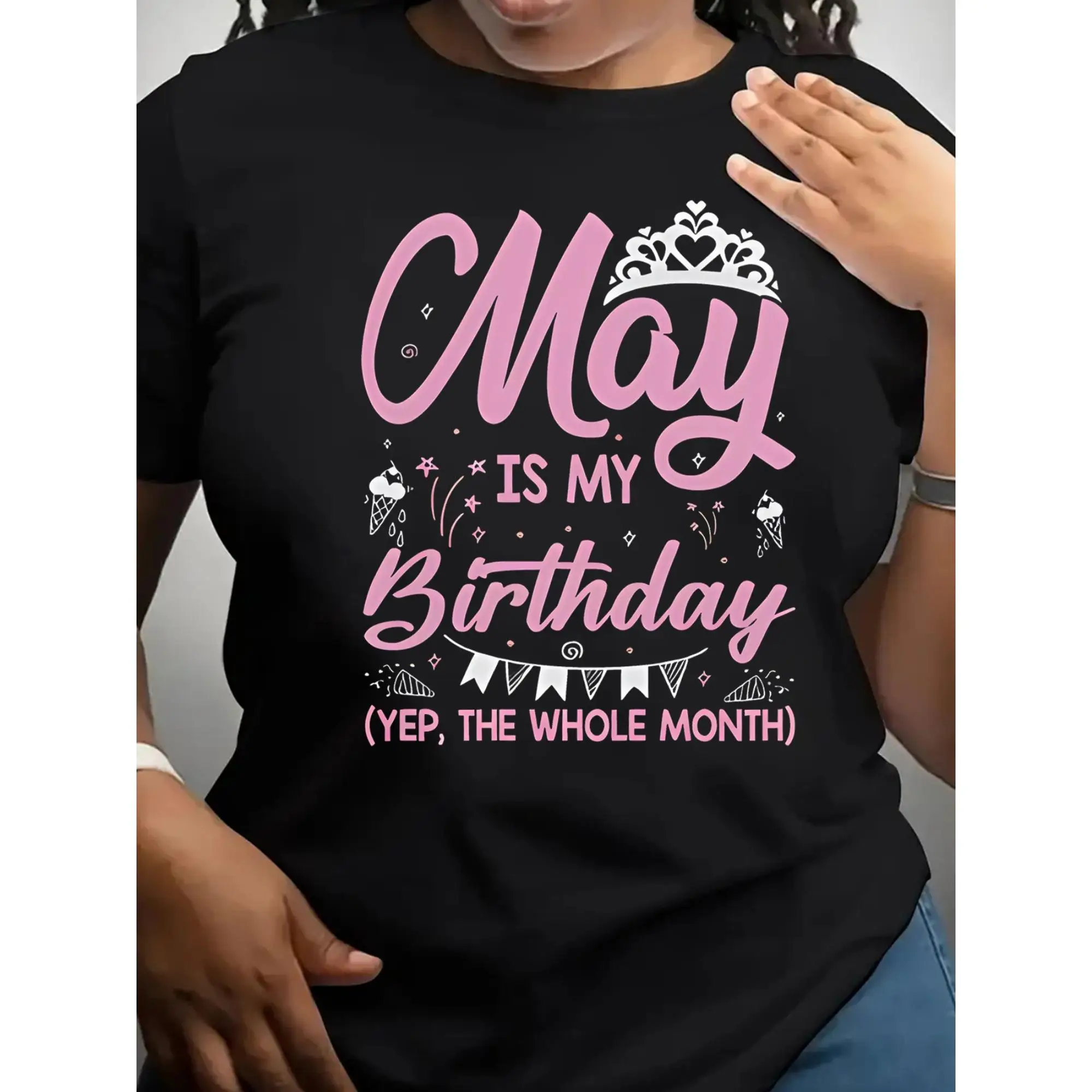 

May is My Birthday T-Shirt – Casual Crew Neck Short Sleeve Top for Women, Black with Pink Lettering,Festive Crown & Stars Design