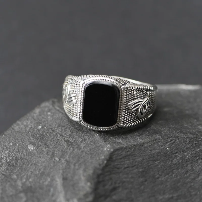 BOCAI NEW S925  Silver Ring for Men Vintage Personality Inlaid Black Agate Antique Eternal Rattan Pattern Ring Fine Jewelry