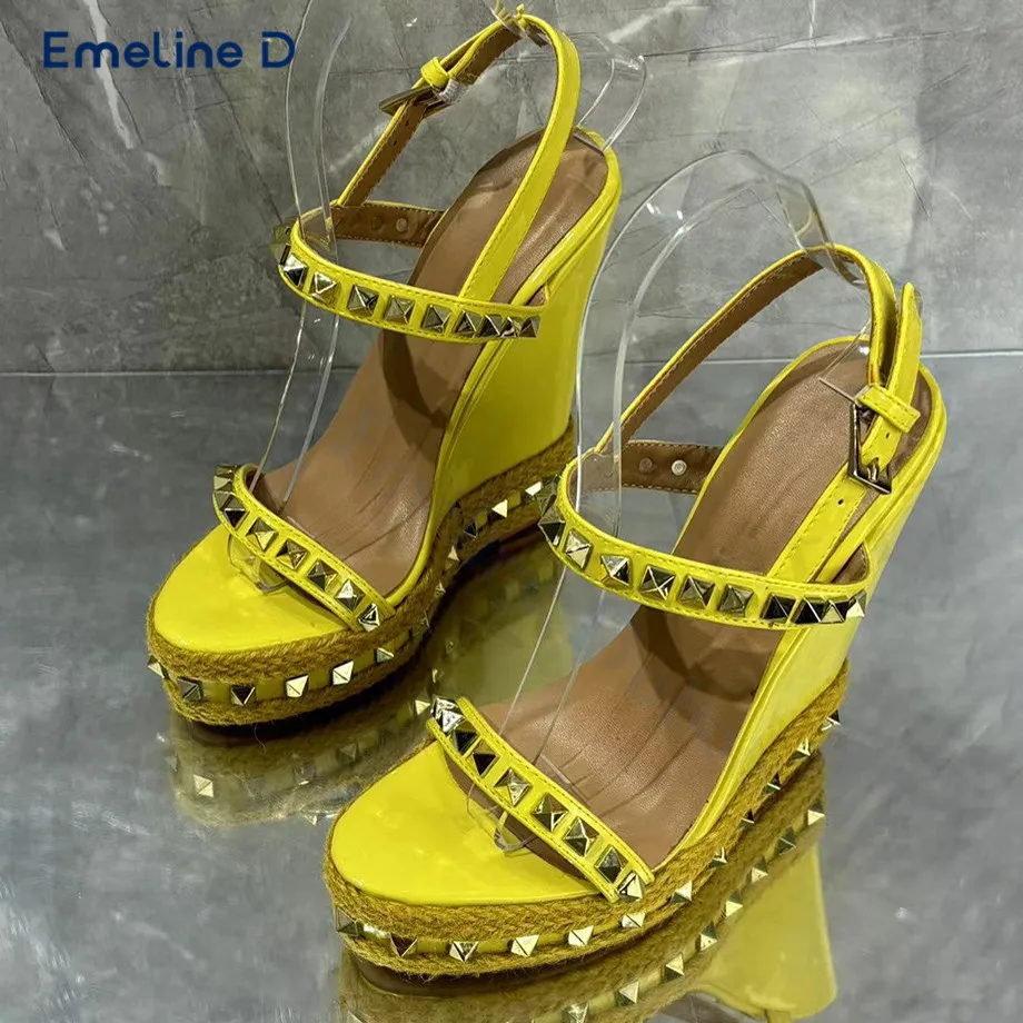 

Yellow Studded One-Strap Espadrille Sandals with Round Toe Wedge Heels and High Heels Trendy Casual and Elegant Women's Shoes