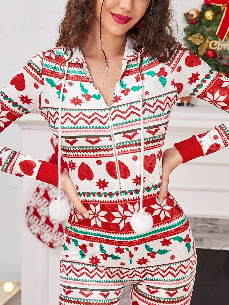 2023 Christmas Outfits Women\'s Long Pajama Romper Long Sleeve Drawstring Heart Star Print Jumpsuit Pajama Lounge Nigntwear