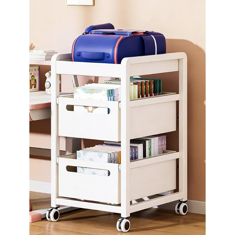 Under the table, schoolbag shelf, floor bookshelf with wheels, removable trolley by the table, book storage rack at the