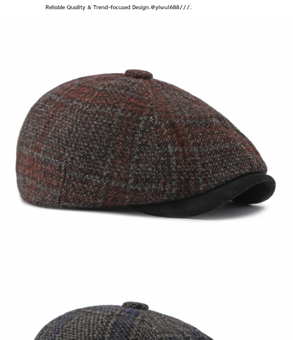 HT5160 Baskenmützen für Männer und Frauen, Künstler- und Maler-Wollmütze, Unisex Ivy Flachmütze, 2026 Neue Herbst-Winter Karierte Achteckige Baskenmütze – Detail 8
