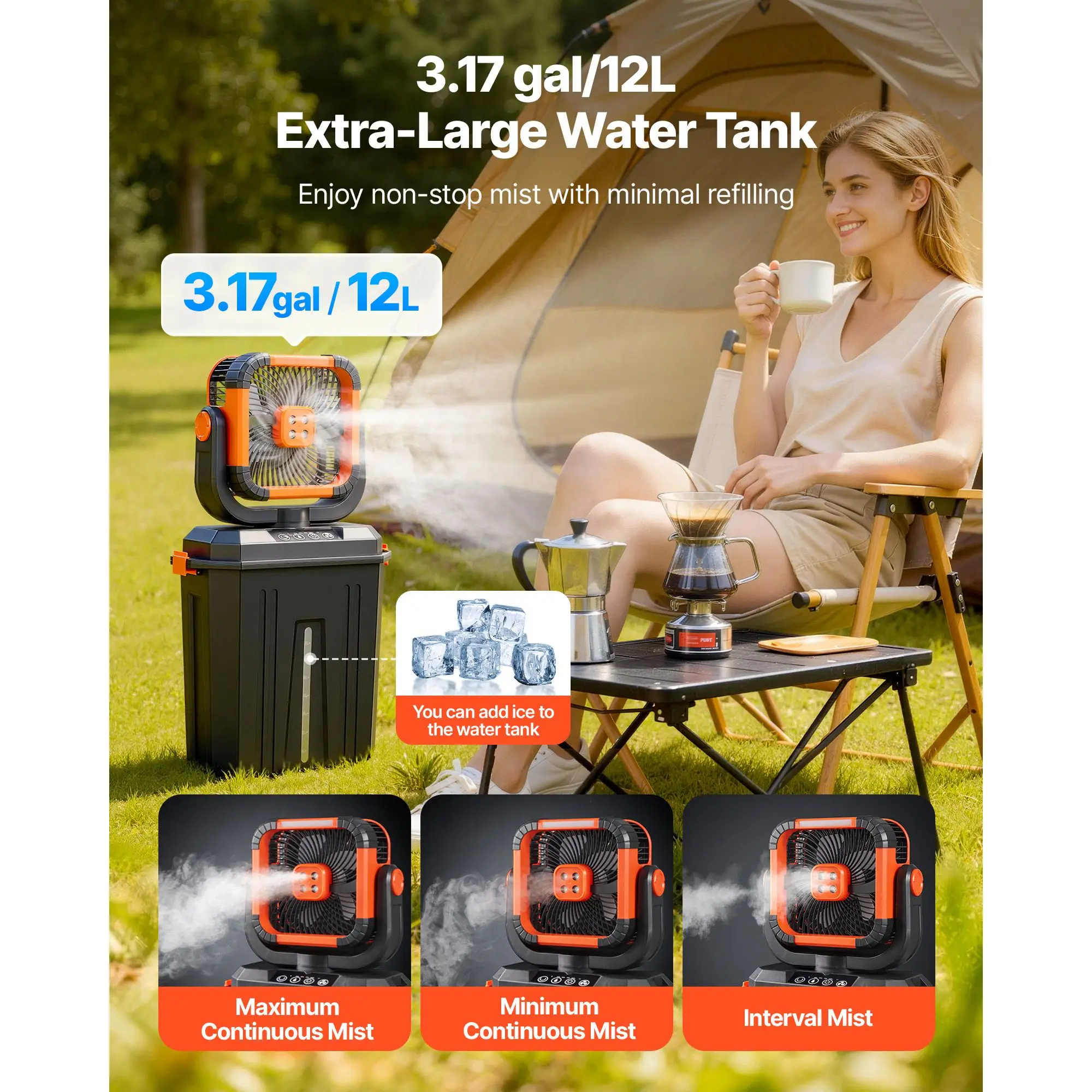 Misting Fan, 2400RPM Motor Camping Misting Fan, Mister Cooling Fans with 3.17 gal Water Tank, 20000mAh Battery, 4-Speed Wind & 3