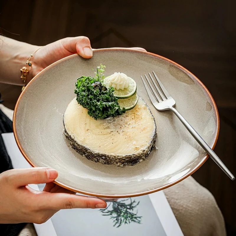 Ceramic Dinner Plate Creative Kiln Change Retro Shallow Plate Japanese Food Store Household Commercial Steak Disc Tableware