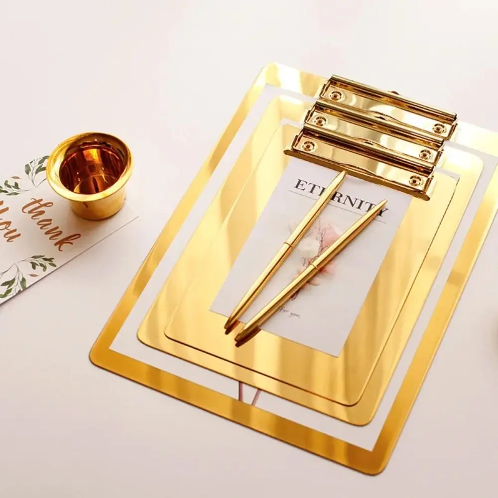 

Portable Golden Writing Clipboard Stainless Steel Durable Paper Organizer Stationary Drawing Signing Writing File Folder Office