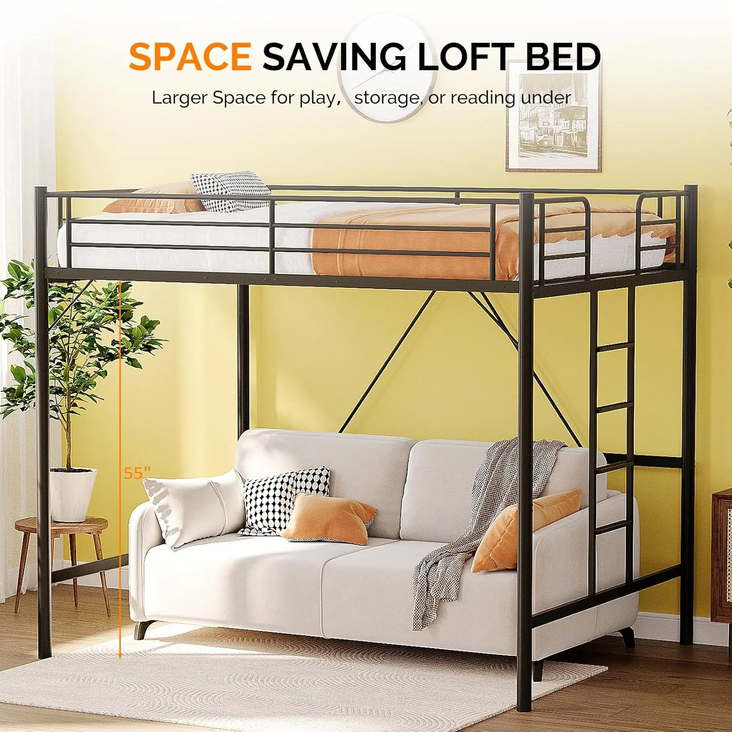Loft Bed Full Size Metal Slat Support No Box Spring for Adults & Teens Bedroom Furniture, Customized