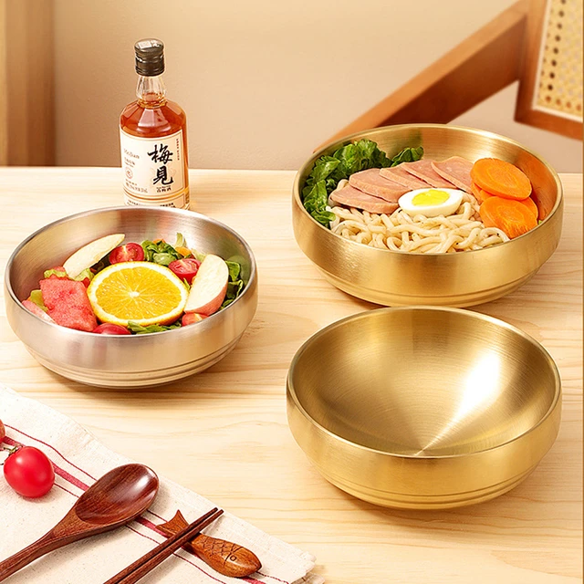 Korean Stainless Steel Double layer Cold Noodle Bowl Round Large capacity Rice Bowl Golden Instant Noodle Soup Bowl Salad Bowl Bowls AliExpress