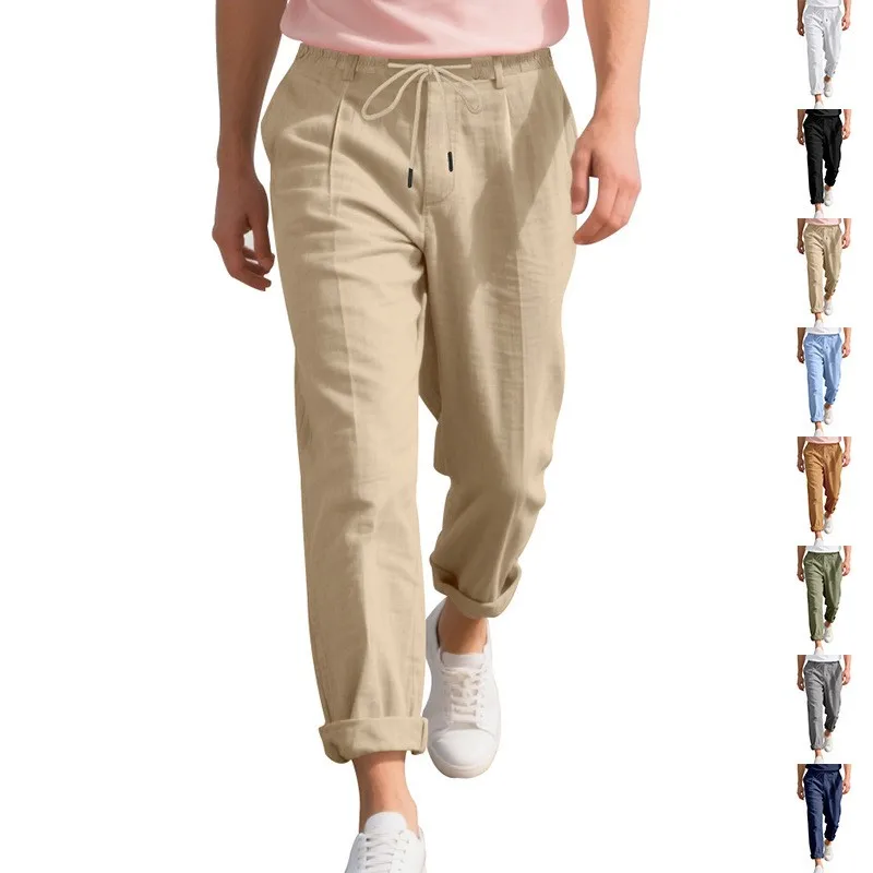 

Men Summer Baggy Pants Straight Leg Trousers Lightweight Casual Pants Drawstring Waist Linen Pants Beige Navy Male