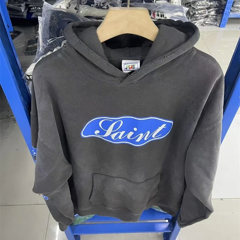

Letter Logo Print SAINT Mxxxxxx Hoodies Men Women 1:1 High Quality Washed Black Oversized Destroy Hole Sweatshirt
