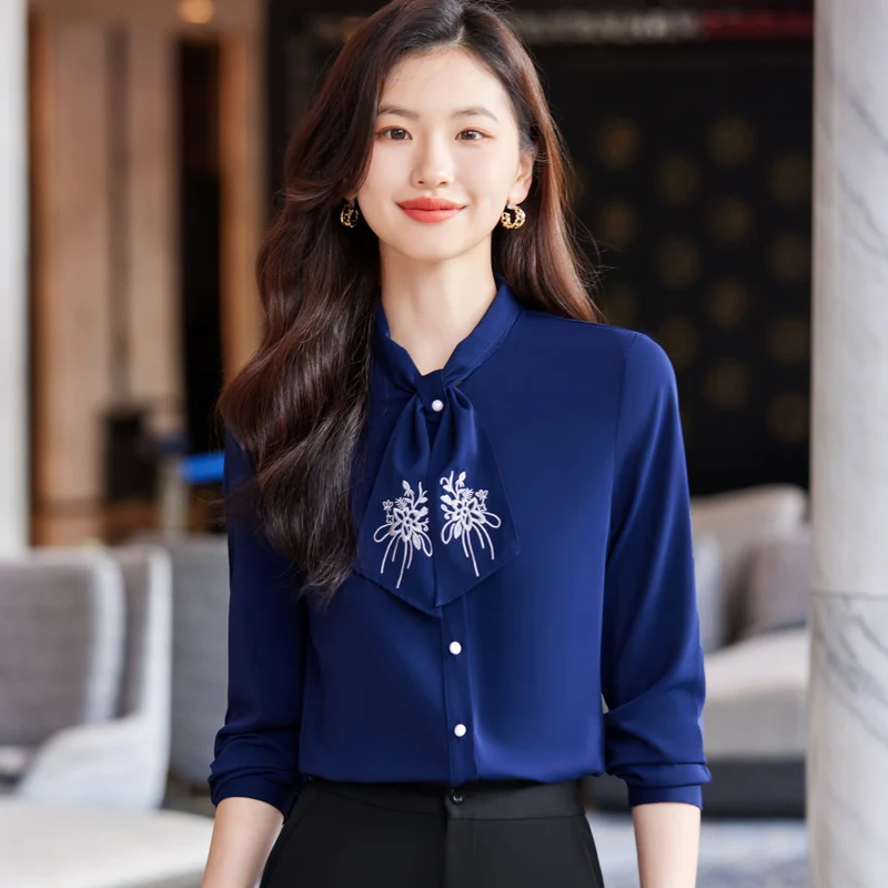 NAVIU Navy Blue Bow Tie Shirt Women New 2023 New Autumn Elegant Temperament Slim Formal Blouses Office Lady Work Tops White