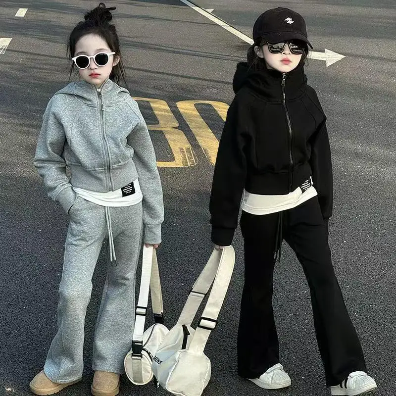 Hooded + black Straight pants 4 6 7 8 9 10 11 12 14 15 Year 2026 winter spring teenager kids girl Children set Clothes crop top