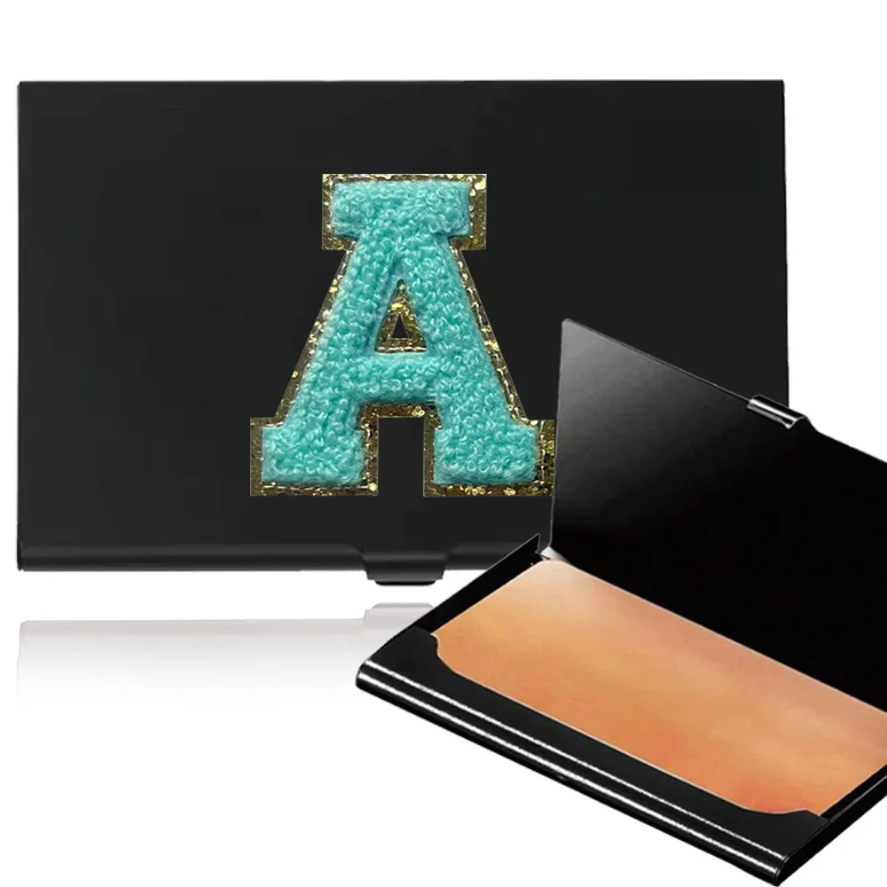 Initial Chenille Metal Visiting Card Case Office Business Card Storage Box Card Container Initials A-Z 26 Letter Green Pattern