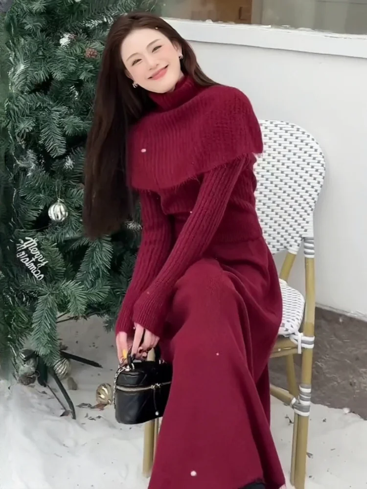 French High Neck Knitted Women's Set Autumn and Winter New Korean Version Sweater Half Skirt Three Piece Set