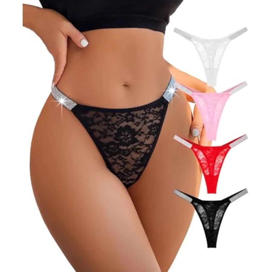 

Lace Thongs for Women, Rhinestones T Back G String Thong Underwear Sexy Low Waist See Through Panties