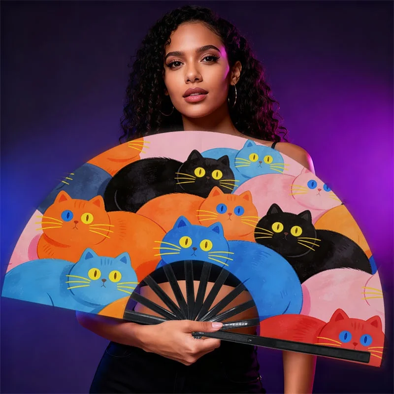 1pc Men's Handheld Fan with Cute Chubby Cats & Colorful Tabby Design - Lightweight Portable Cooling Fan Suitable for Daily Use, Travel, Outdoor - Trendy Accessory for Lovers