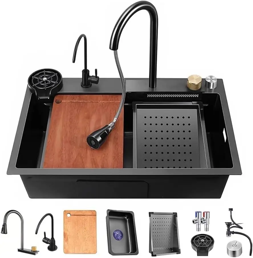 

Black Waterfall Kitchen Sink, Drop in Single Bowl Stainless Steel Bar Sink with Cup Washer Sinks, Topmount Workstation Kitchen S