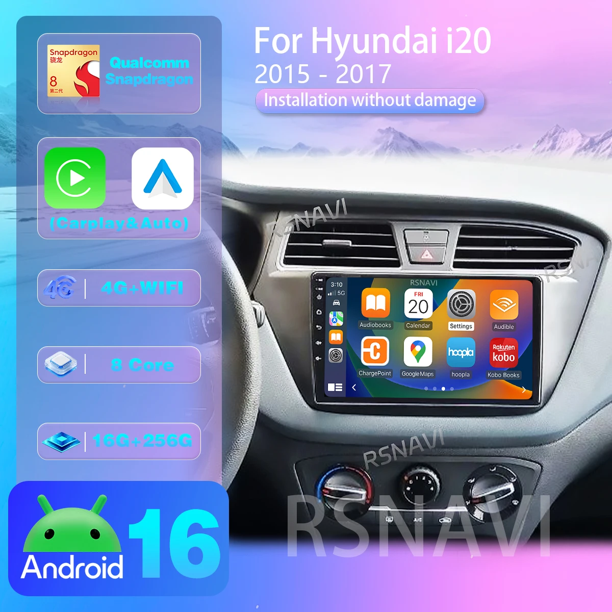 Android 16 Carplay Auto Screen Car Radio Multimedia Video Player For Hyundai i20 2 II GB 2014 - 2018 Plug and Play Snapdragon