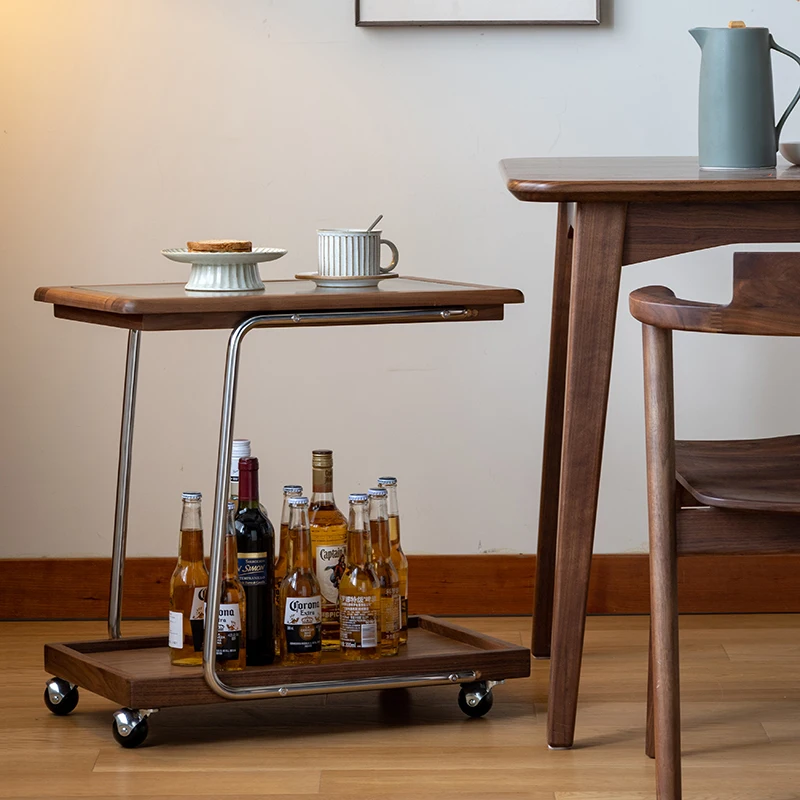 black walnut solid wood edge table, movable sofa corner table, modern simple trolley