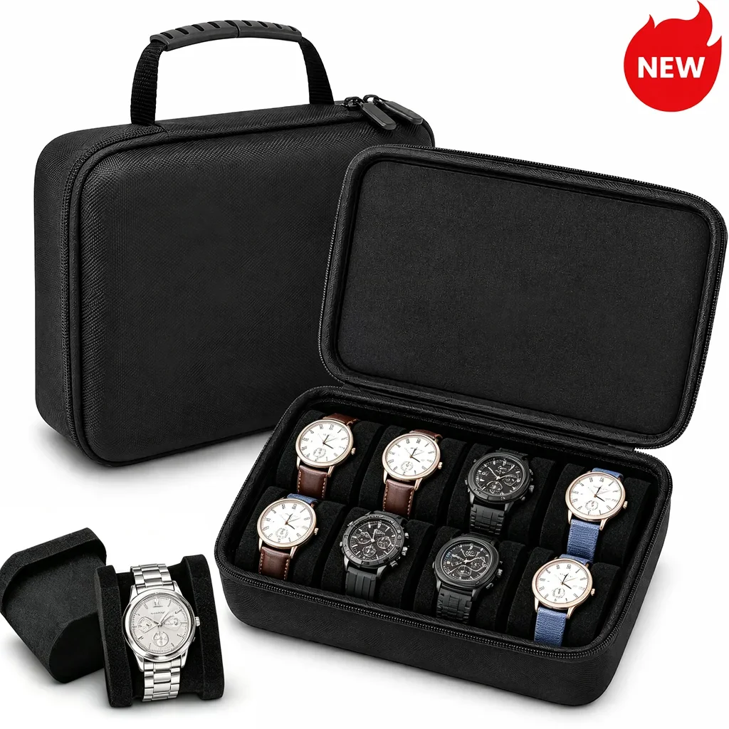 8 Slots Watch Storage Box Watch Zipper Travel Case Portable Watch Organizer Display Holder For Wristwatches And Smart Watches