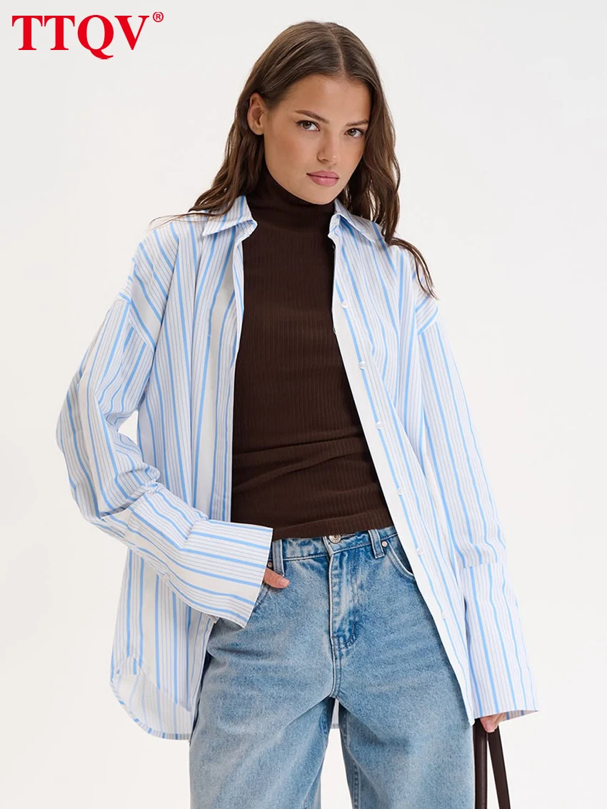 

TTQV Fashion Loose Stripe Print Women's Shirt Spring Lapel Long Sleeve Blouse Elegant Classic Top Female Clothing Streetwear