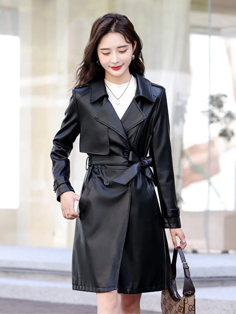Nouveau Femmes Manteau en cuir décontracté Printemps Automne Mode Col de costume Double boutonnage À Lacets Mince Trench-coat Cuir fendu Manteau