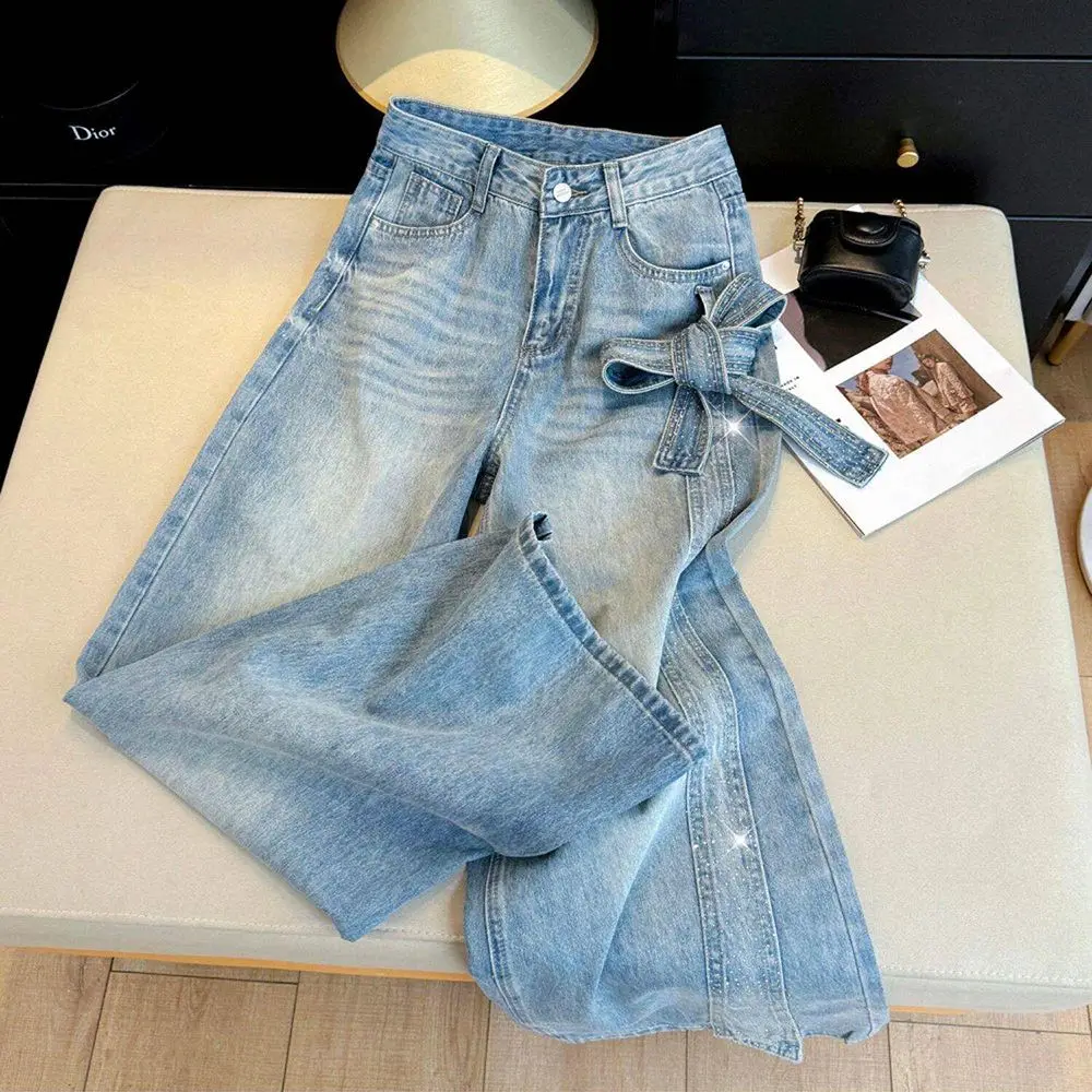 Trendy Diamond Bow Tie Blue Jeans for Women Spring Autumn High Waist Straight Loose Glitter Rhinestone Denim Pants Y2K Style