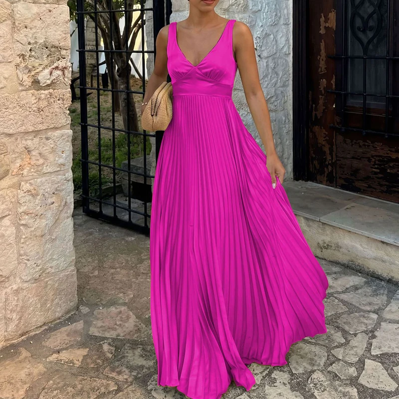 

Модное женское летнее платье с V-образным вырезом, плиссированное, без рукавов, на бретельках, с открытой спиной и вырезами, однотонное, для вечеринок и повседневной носки