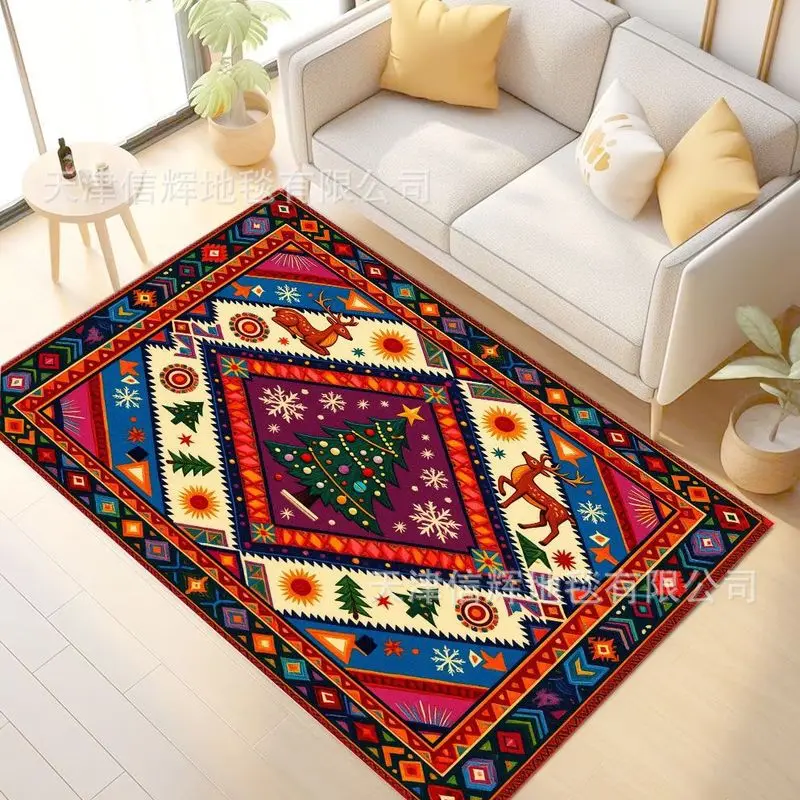 VIKAMA Dark Blue Tribal Reindeer Tree Christmas Rug for Living Room Bedroom, Dirt Resistant Durable Holiday Area Rug Home Decor
