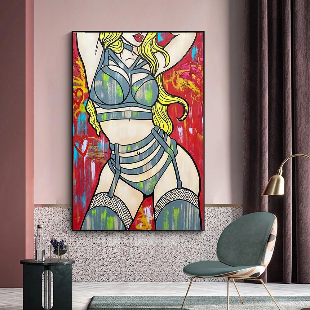 Beautiful Red Lingerie Erotic Woman Poster Sexy Butt Graffiti Anime Canvas Painting Sexy Blonde in Leather Girl Street Wall Art