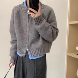 Women Knit Cardigan Full Sleeve Round Neck Splice Zipper Sweater Coat Solid Straight Casual Outwear Lady Jumpers Autumn Winter
