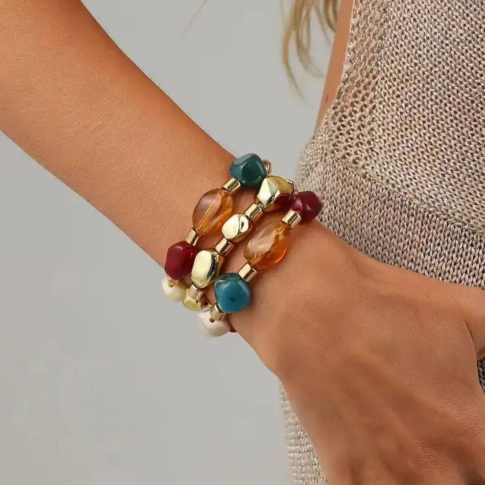 SHIXIN 3 Pcs/Set Y2K Bohemian Acrylic Resin CCB Beads Bracelet Women Vintage Baroque Splicing Stacked Bangle Daily Charm Jewelry