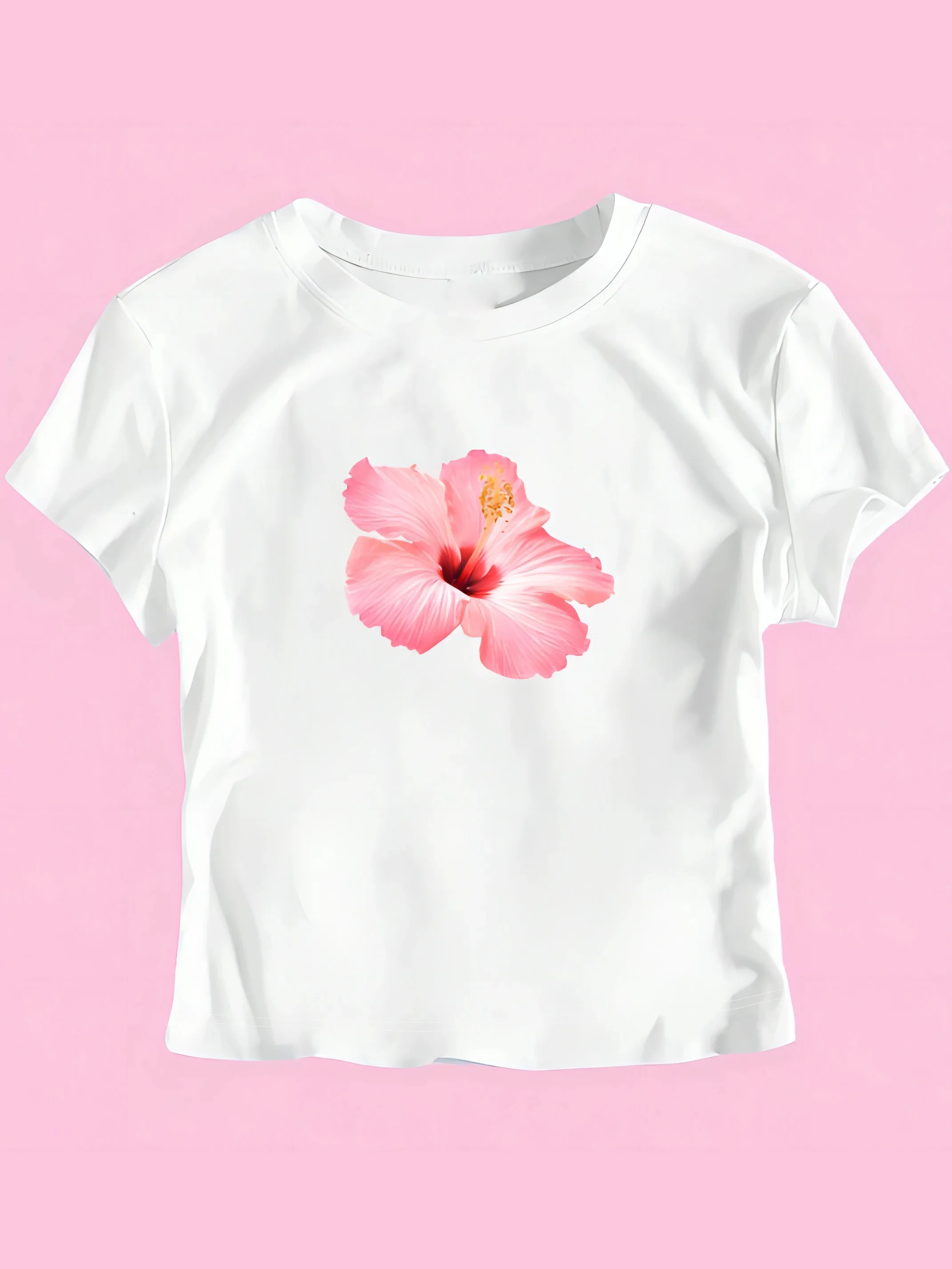 Y2K Summer Women's Pink Hibiscus Flower Design Printed T Shirt O-neck Cropped Short Sleeve T-shirts Streetwear Tops