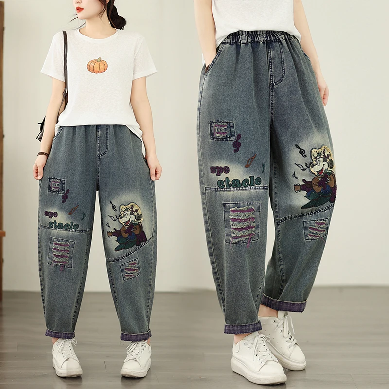 New Large Size Loose Casual Fashion Artistic Harajuku Dad Jeans Embroidered High Waist Thin Denim Cotton Blend Blue Jeans