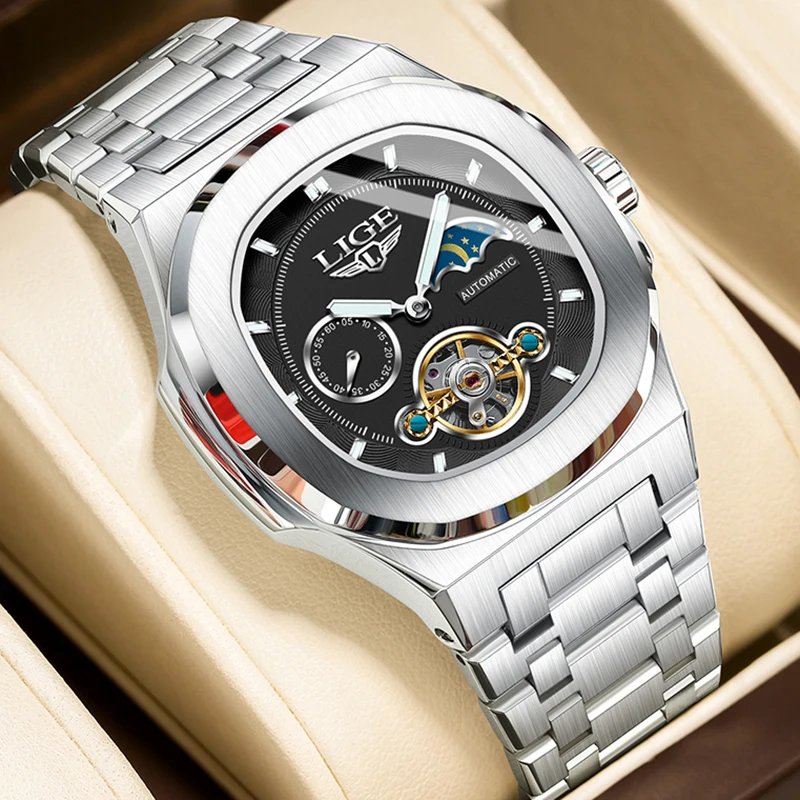 

Новые ретро-часы LIGE с фазами Луны, мужские квадратные автоматические механические часы для мужчин, модные спортивные водонепроницаемые мужские часы Montre Homme