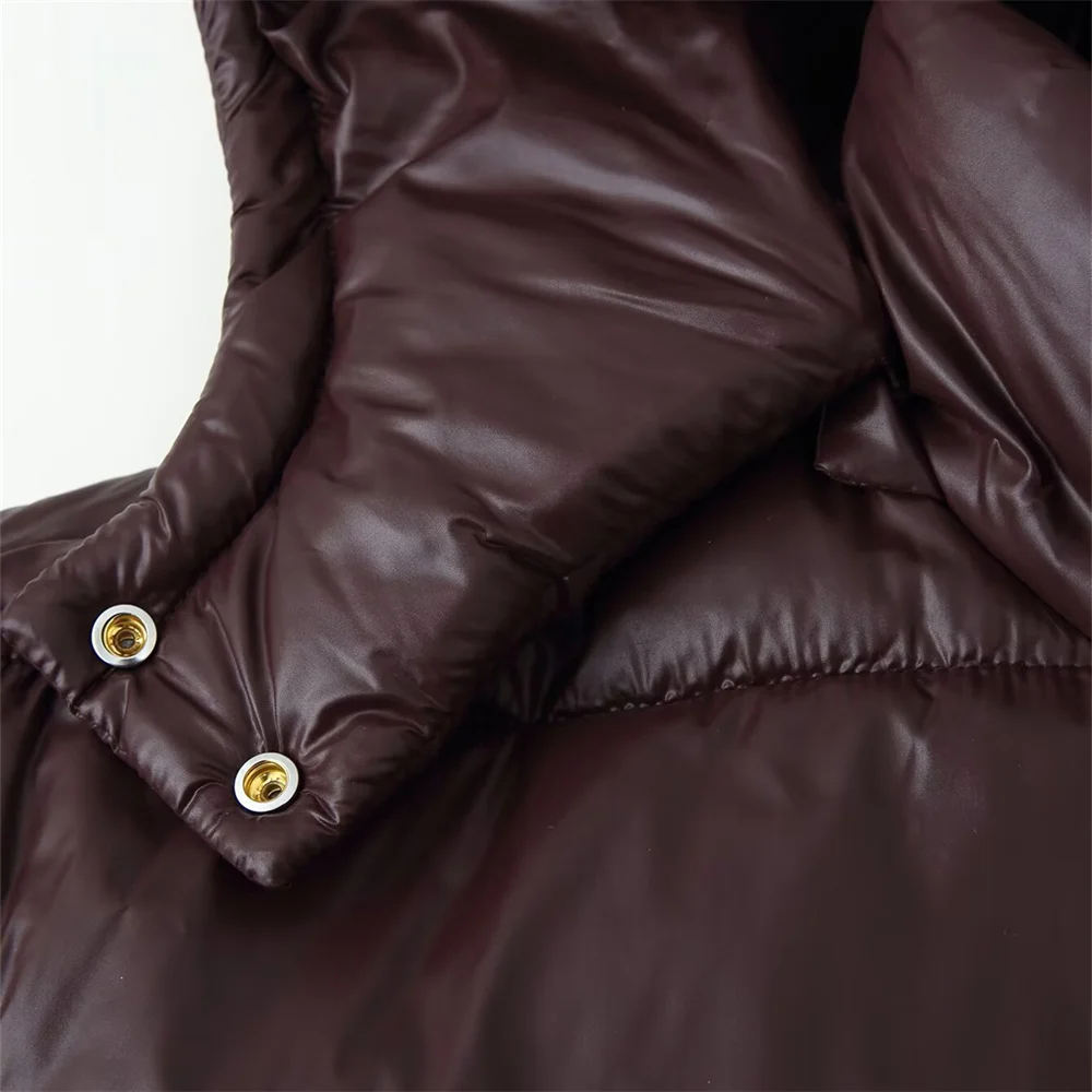 Zimowa nowa damska kurtka bawełniana o luźnym kroju, zapinana na zamek, z długim rękawem, stójką, kapturem, błyszcząca, typu kurtka chlebowa.