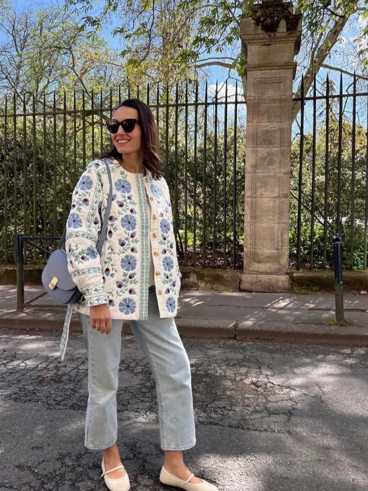 Chaqueta de algodón con estampado Vintage para mujer, abrigos delgados de cuello redondo con cordones, prendas de vestir de calle, invierno, 2024