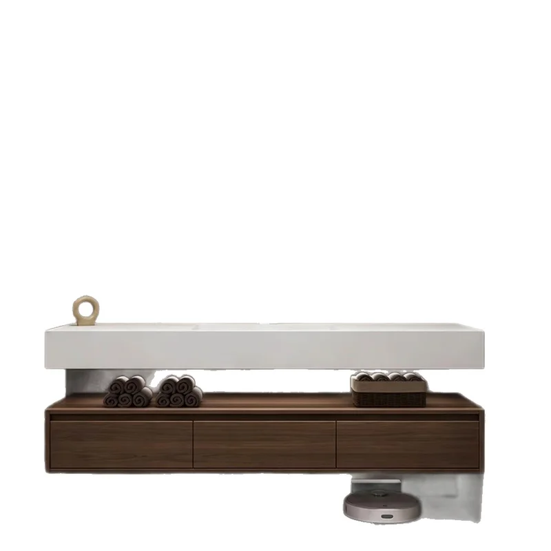 `Hotel Vintage Walnut Vanity Sintered Stone Hot Bending One-Piece Basin Bathroom Cabinet Combo Hand Wash Sink Furniture