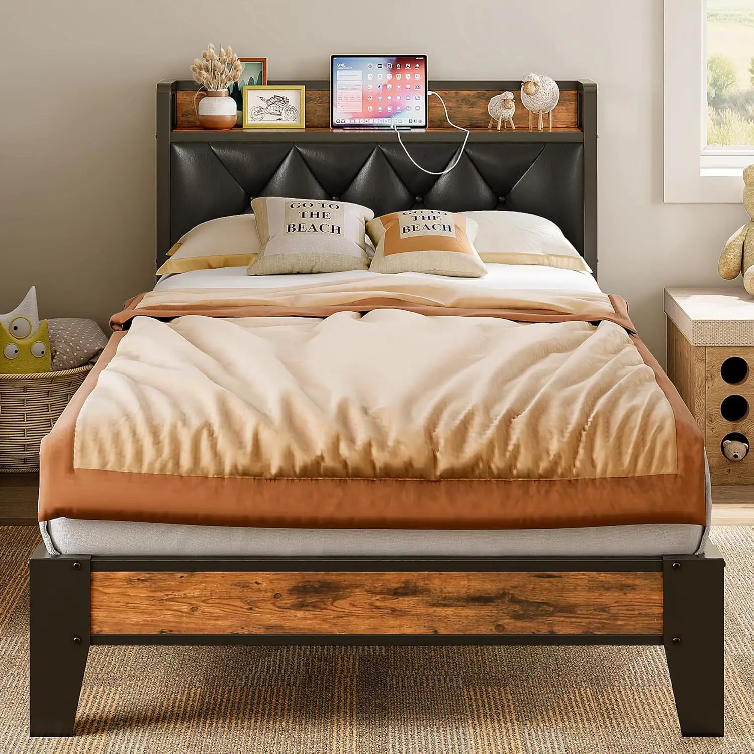 NEW Twin XL Bed Frames, Storage Headboard with Outlets, Easy to Install, Sturdy and Stable, No Noise, No Box Springs Needed