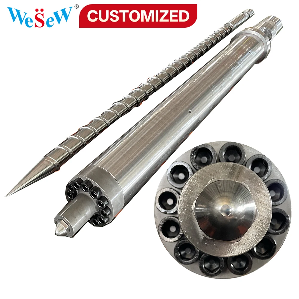 

Custom 50 mm injection molding machine screw and barrel with NRV, made of 9Cr8MoV special stainless tool steel and 38CrMoAIA