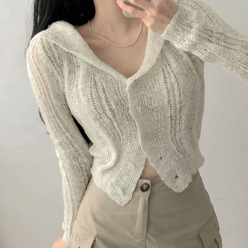 REALEFT Spring Summer Hollow Out Crochet Women's Blouses 2025 New Long Sleeve Knitted Navy Collar Single Breasted Shirts Womens