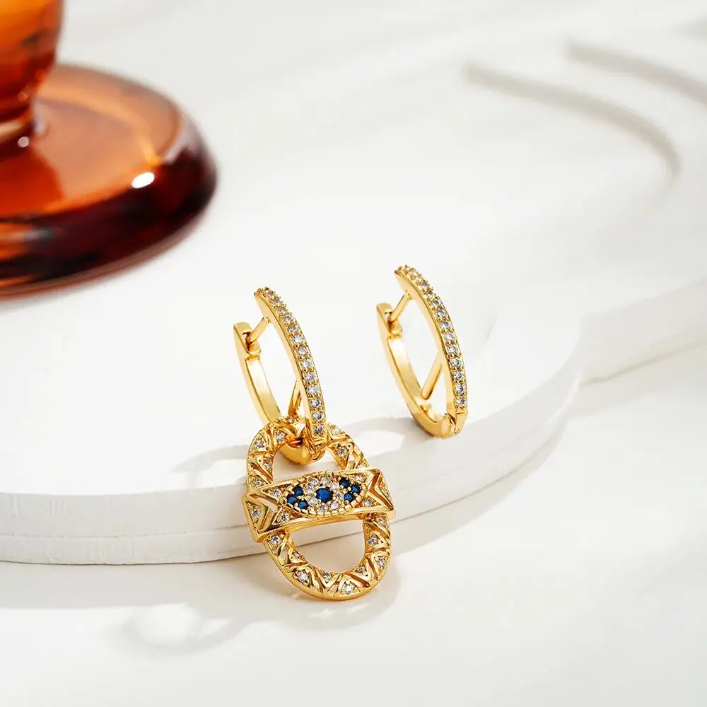 Religious CZ Zircon Evil Eyes Charms Drop Dangle Hoop Earrings for Women Blue Crystal Lucky Amulet 18K Gold Plated Ear Buckles
