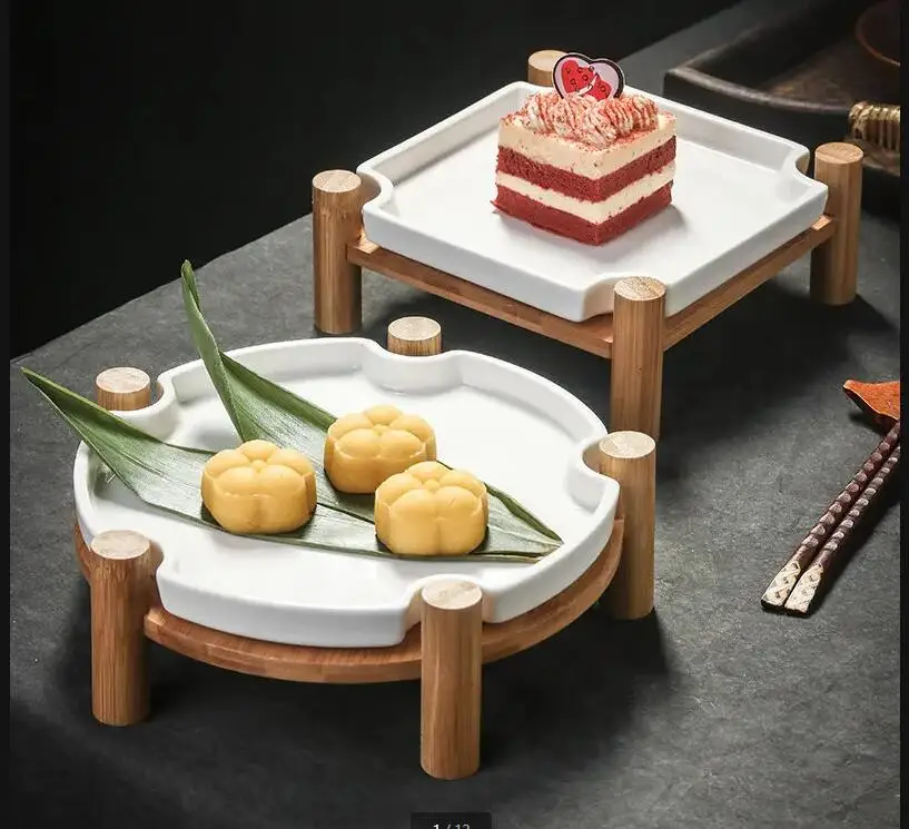 Nordic Steak Plate Ceramic Dessert Cake Display with Wooden Frame Family Party Barbecue Kitchen Tableware