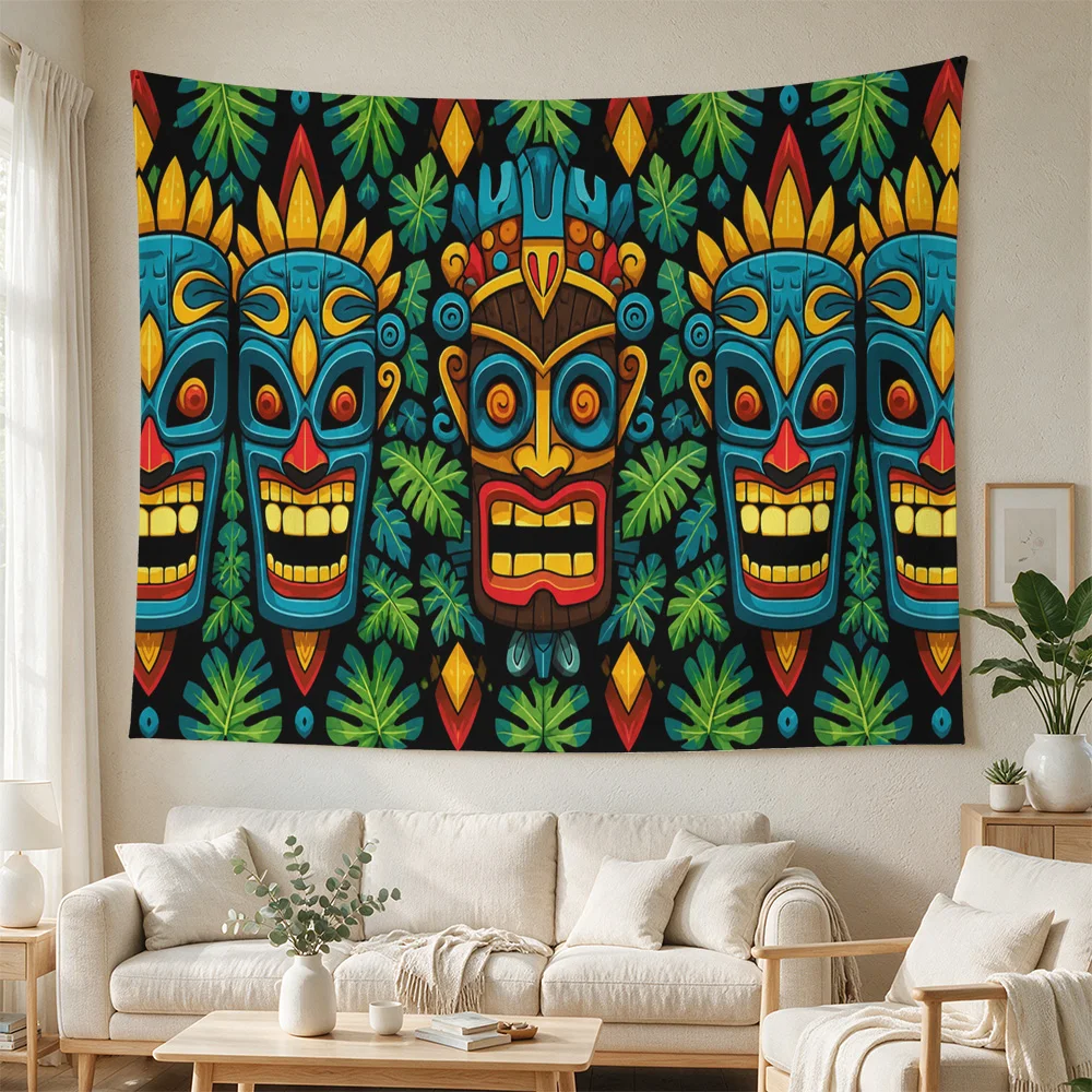 Vibrant Tribal Mask Tapestry Bohemian Wall Hanging Ethnic Decor Boho Living Room Art Textile