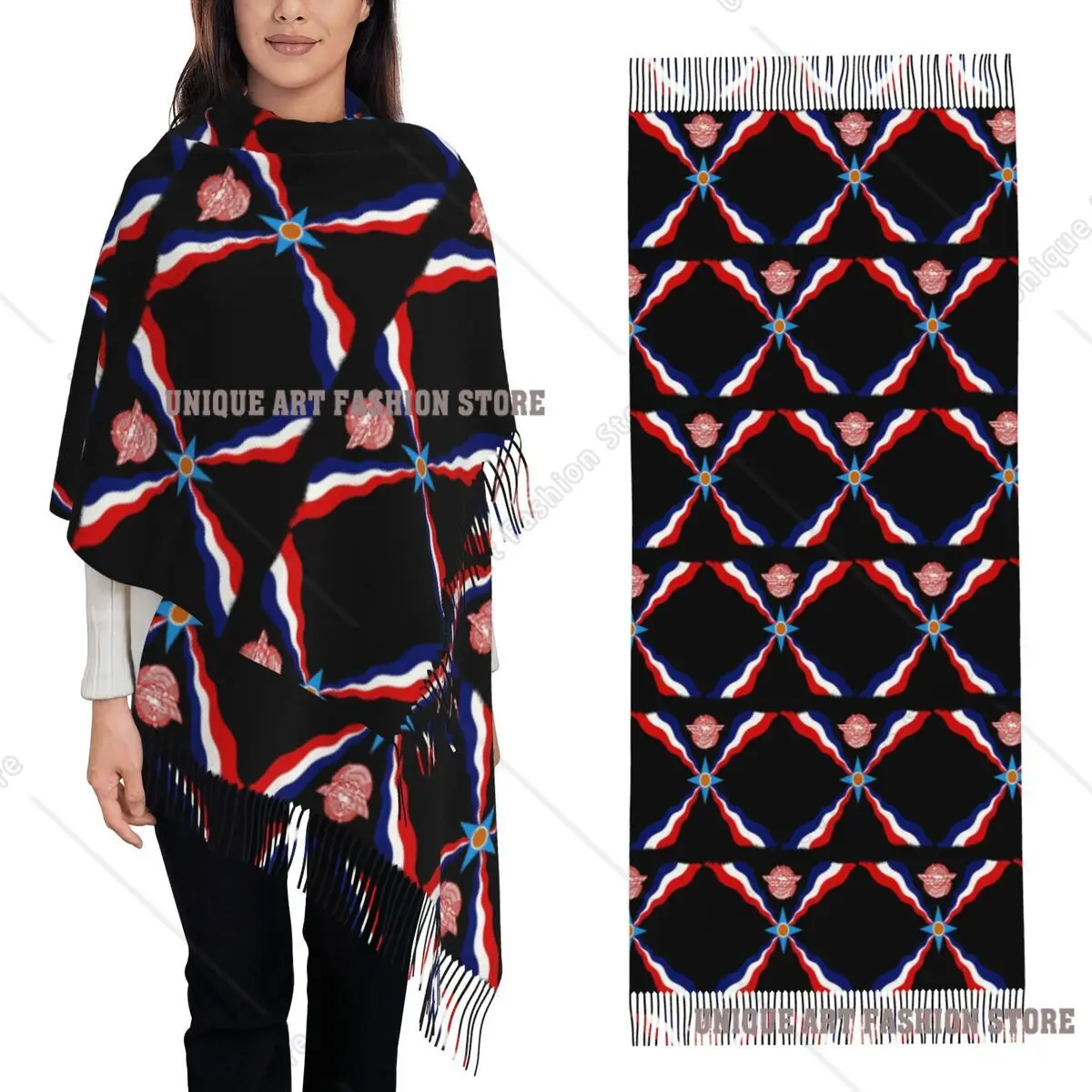 豪華なアッシリアのスリョーヨ旗柄スカーフ、タッセル付きスカーフ、女性用ソフトで暖かいショールとラップ、大きな秋冬用ショールラップ