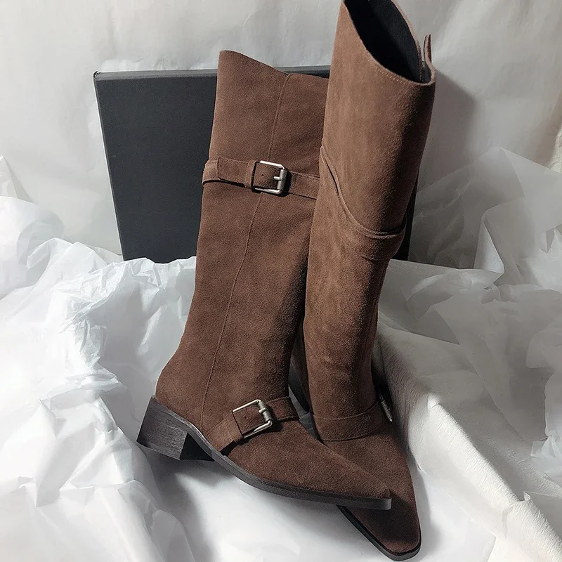 

Fashion Vintage Women Western Knee High Boots Fashion Winter Belt Buckle Stripper Party Shoes Zapatos De Mujes