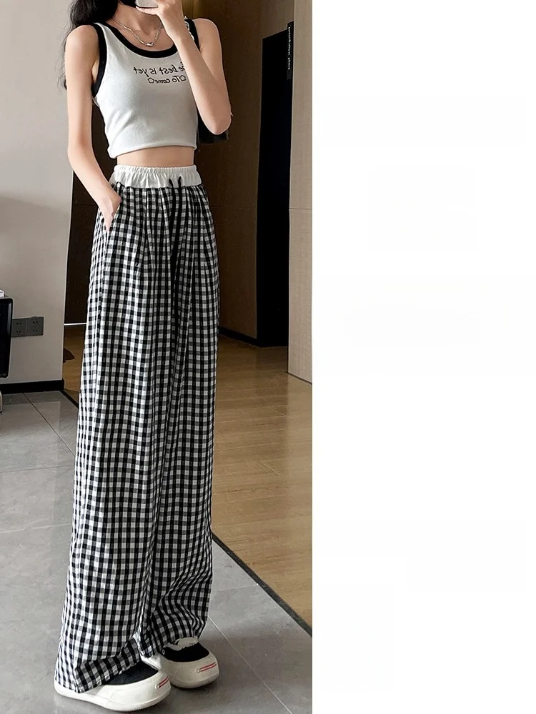 Doce e picante menina xadrez calças de perna larga feminina rosa casual coreano sle cintura alta algodão linho primavera verão