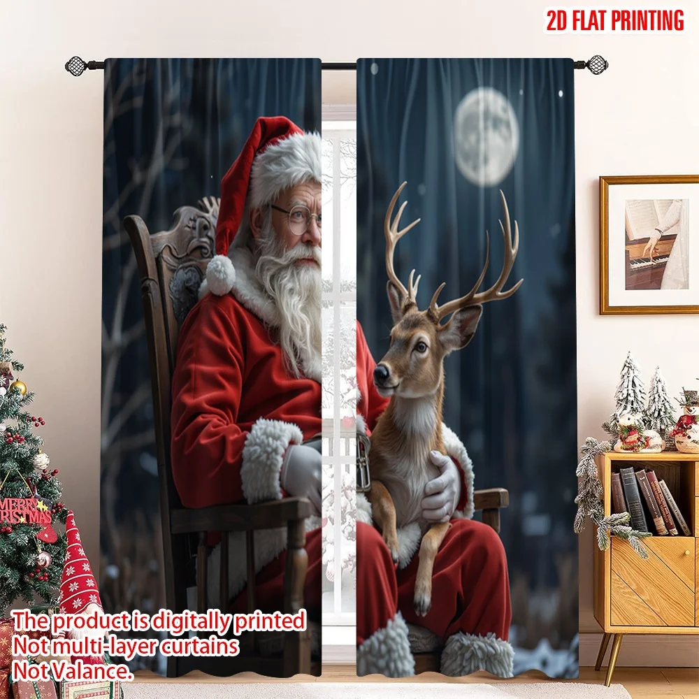 

2pcs 2D flat printing Christmas Curtain Santa Fawn Christmas Night Polyester Without Electricity 0 Use for Indoor Celebrations
