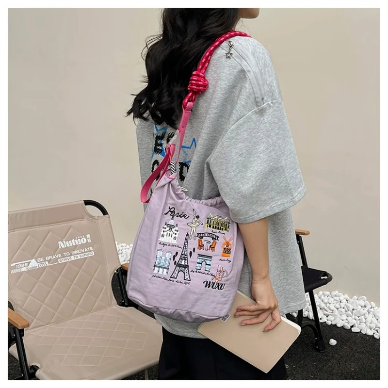 Cute  Lightweight Nylon Bucket Bag Women Paris Landmark Embroidery Colorful Rope Strap Casual Crossbody Shoulder Tote Purse